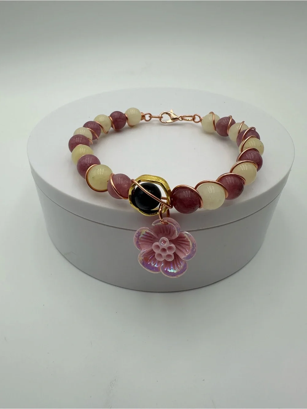 Handmade Red & Light Yellow Beaded Bracelet with Flower Charm